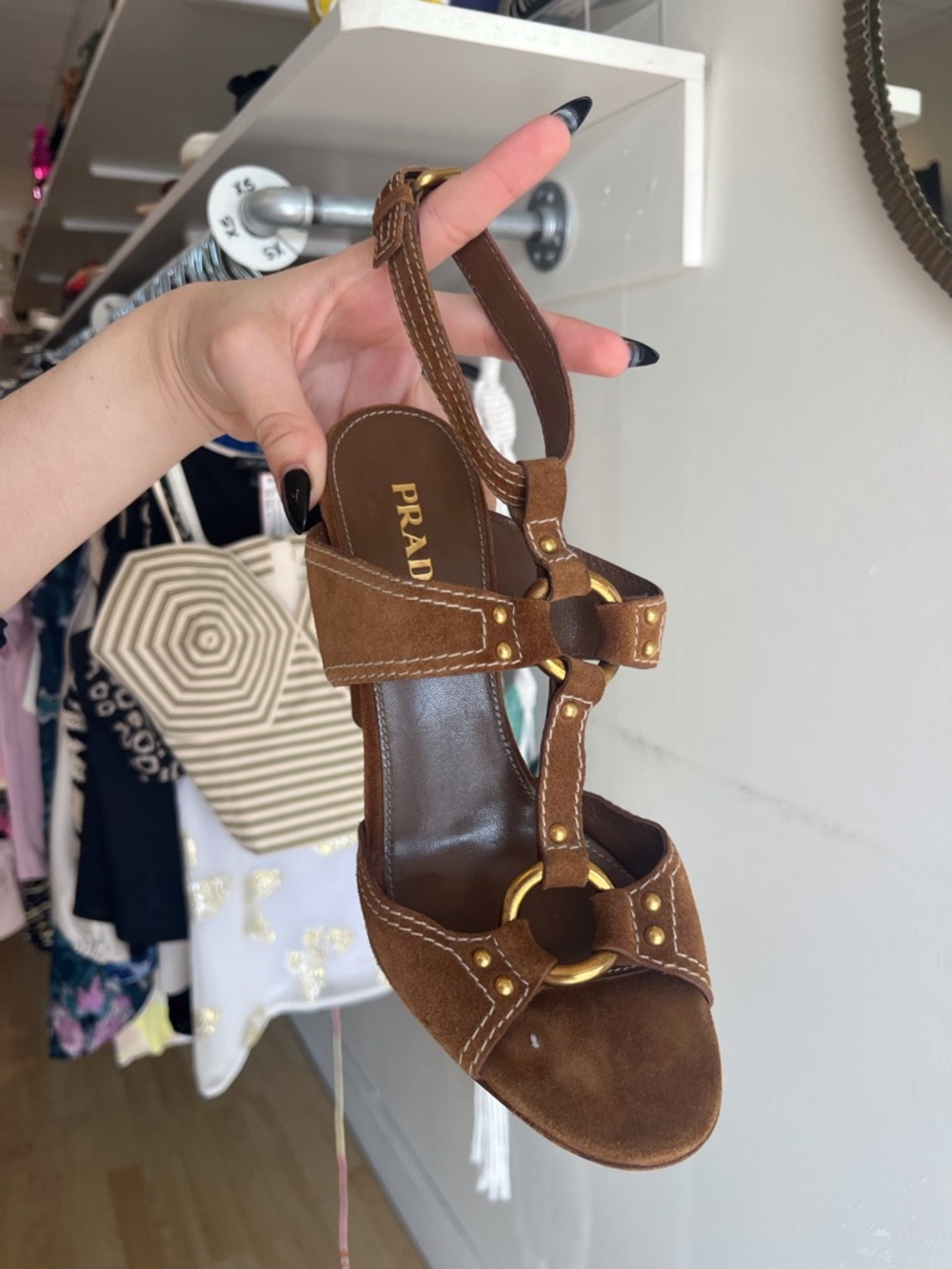 Prada Brown Suede T-Strap Block Heel Sandals with Gold Rings - Picture 3 of 7